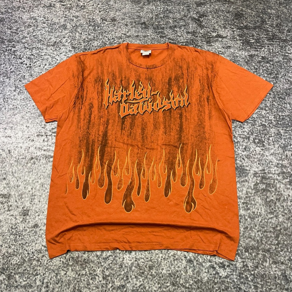 Vintage Harley Davidson Flames T Shirt Mens XXL Orange Y2K‎ Biker